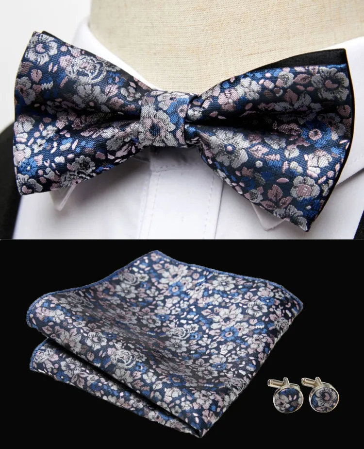 HUISHI Klassische blaue Fliege für Männer, Paisley-Blumenfliege, Einstecktuch, Manschettenknöpfe, Anzug-Set, Hochzeit, Party, kariert, solide Schmetterling – Detail 26