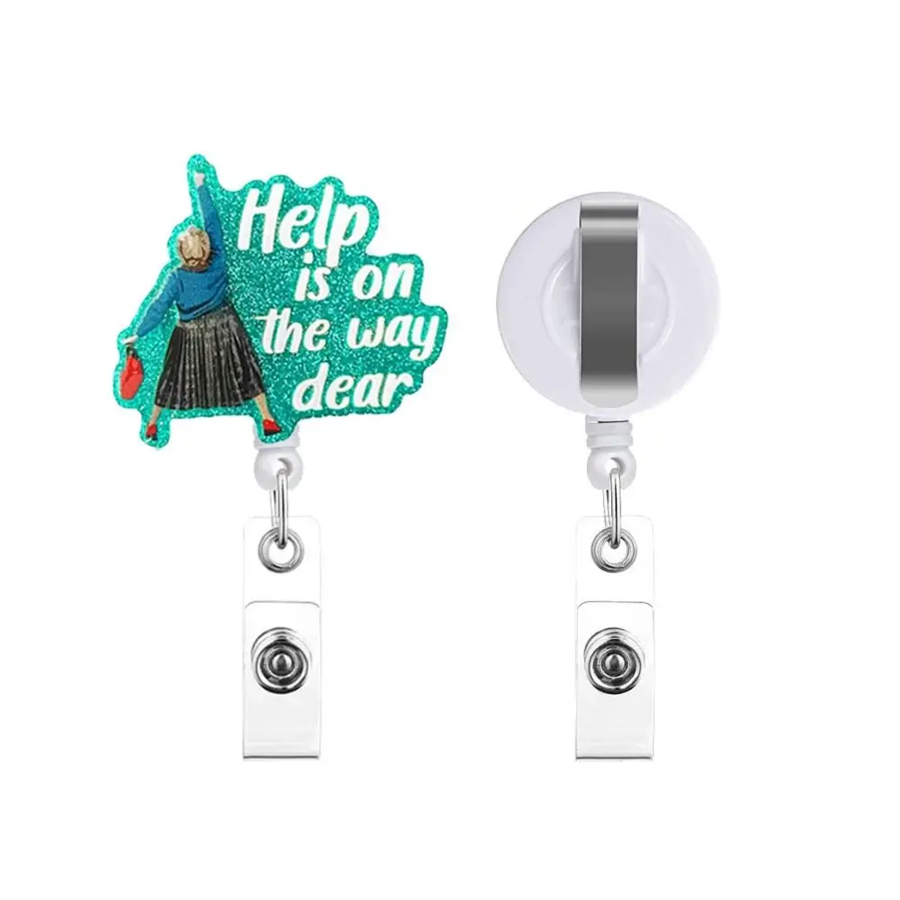 

Help Is on The Way Dear Retractable Badge Reel Glitter Acrylic ID Badge Holder 360 Rotating Cartoon Name Holder Hospital Use