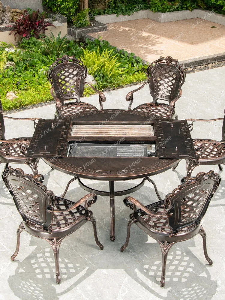 Barbecue Carved Table Garden Courtyard Table and Chair Outdoor Terrace Balcony Occasional Table and Chair Combination