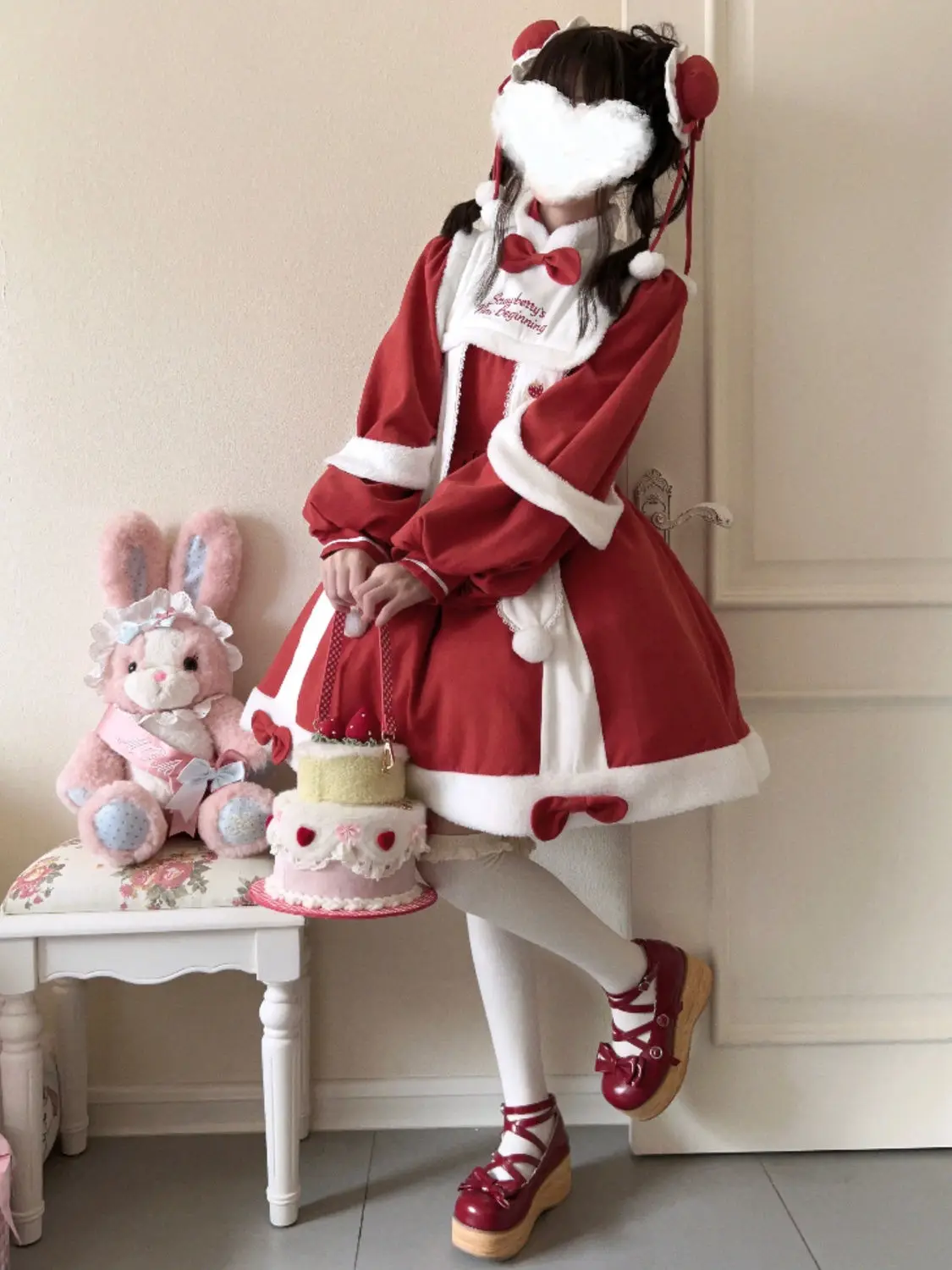 

MAGOGO New Year's Lolita Girls Robe Autumn Winter Red OP Long Sleeve Vintage Dress Women Kawaii Bow Strawberries Party Dresses