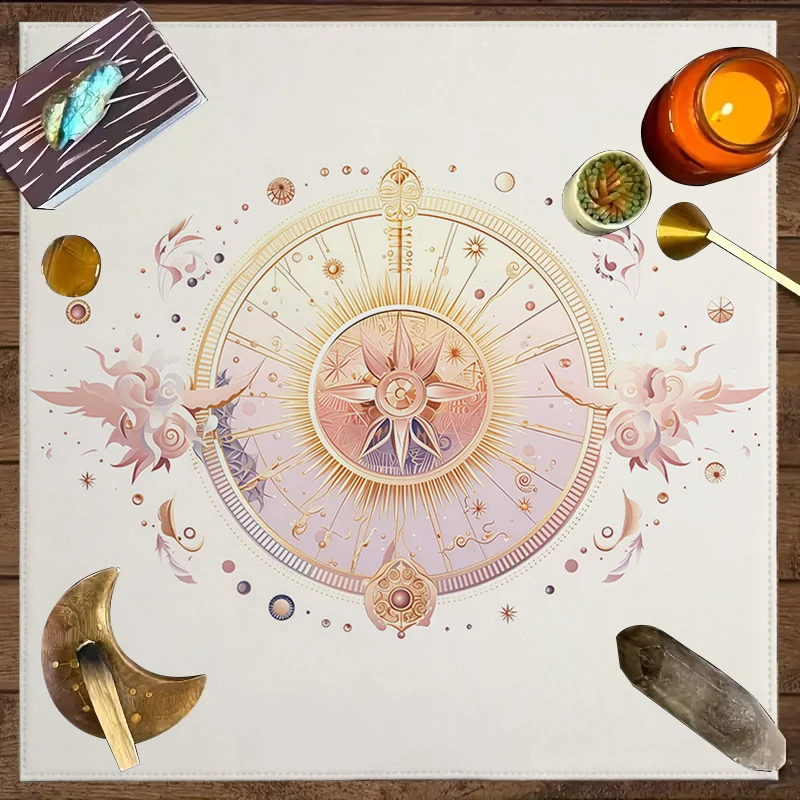 Pink Gold Compass Starry Tarot Card Altar Cloth Dreamy Cloud Pattern Altar Cloth Spiritual Pendant Divination Mat