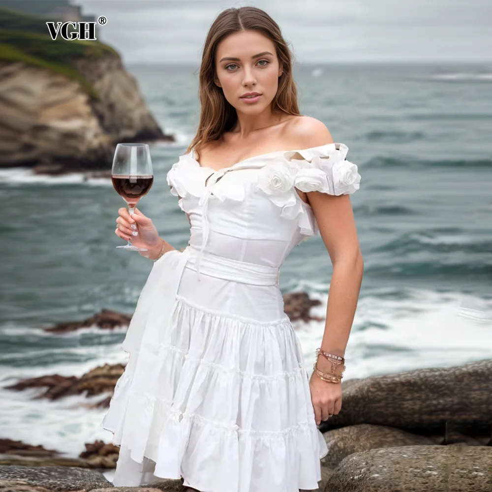 

VGH Sweet Solid Patchwork Lace Up Dress For Women Square Collar Sleeveless Backless High Waist Spliced Appliques Dress Female