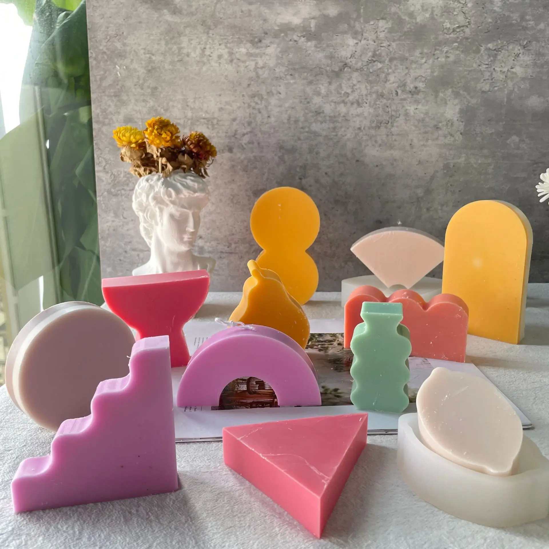 Geometric Shape Flower Candle Silicone Mold Nordic Architecture Cake Decorative Korean Building Home Desktop Decor Cement Crafts