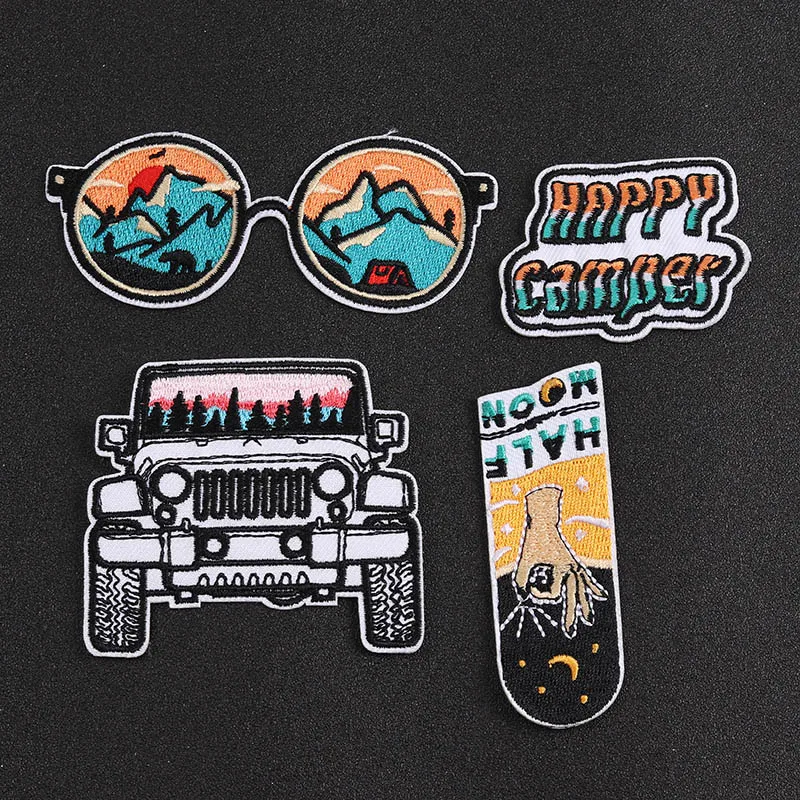 Mountain Field Camping Bus Patches Badges Embroidery Patch Applique Ironing Clothing Sewing Supplies Decorative Sunglasses