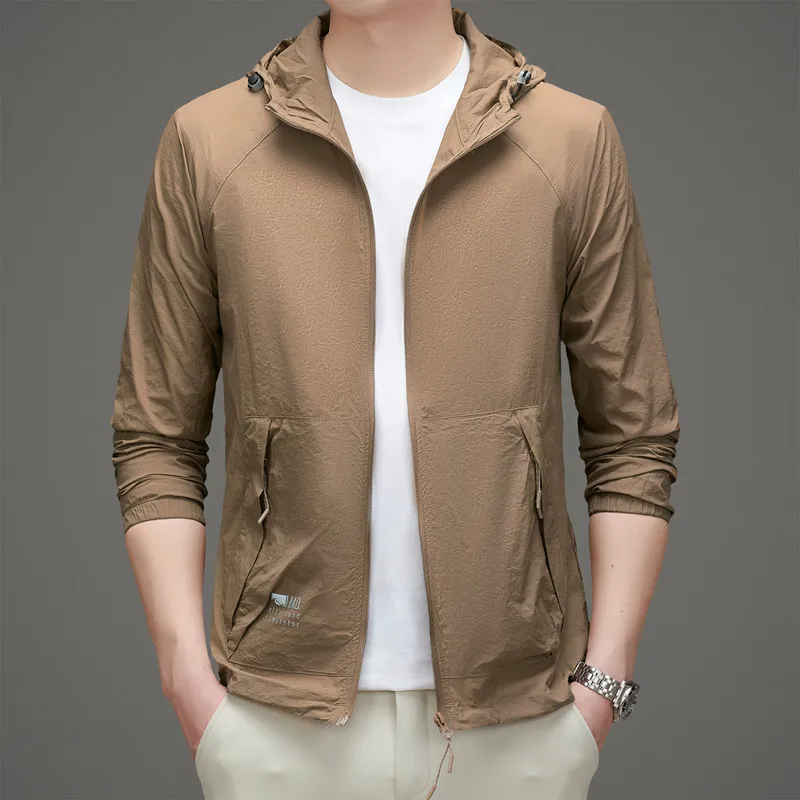 Ultra-Lightweight Men UV Protection Hooded Jacket Gray Caramel UPF 50+ Sun Defense & Breathable Coat Summer Essential Outerwear