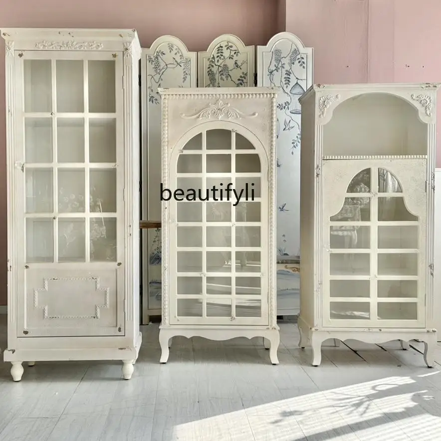 

French retro cabinet cream wind decorative glass door high cabinet entry engraved cabinet