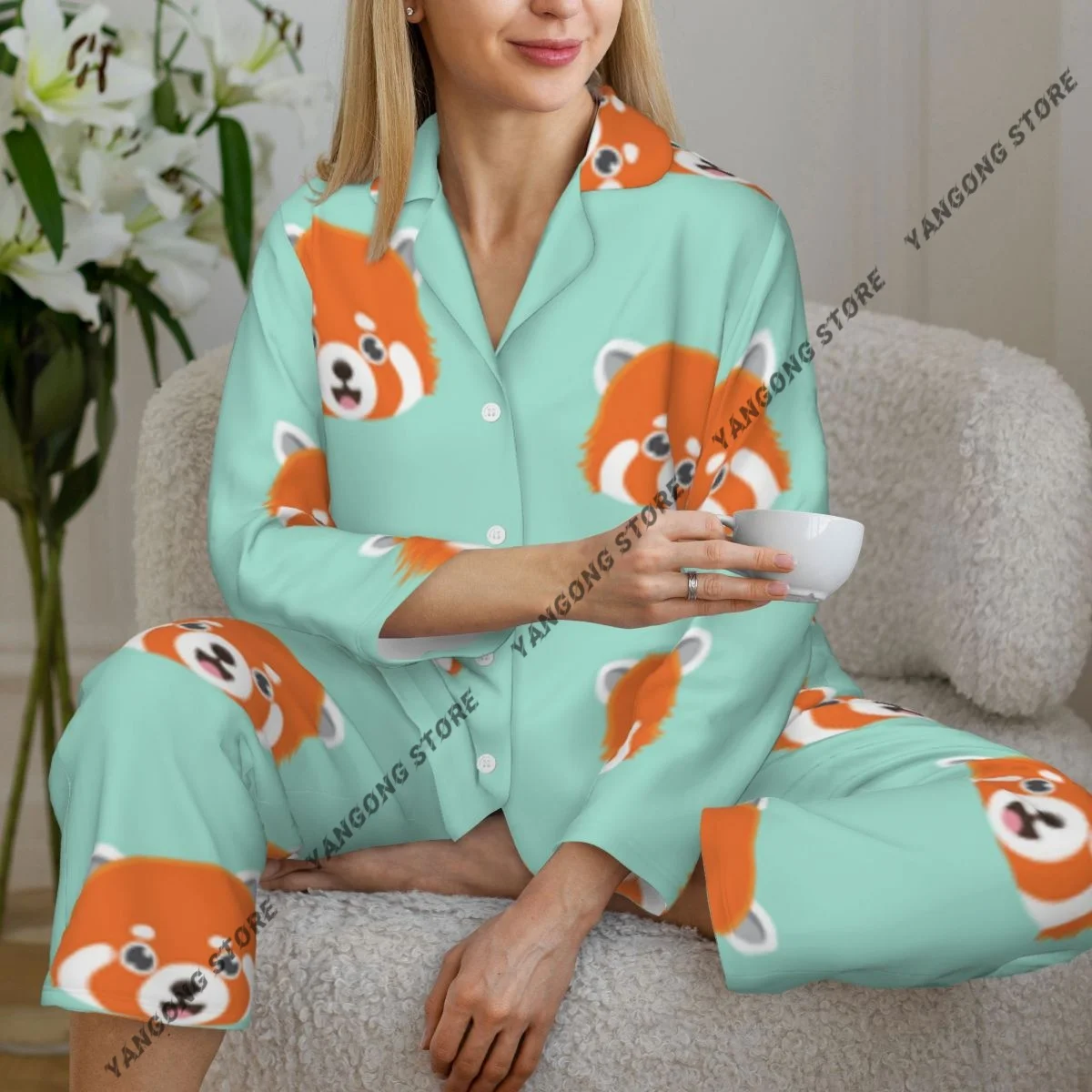 

Spring and Autumn Long Sleeve Pants Pajamas Loungewear Set Cute Red Panda Pattern Women's Pull Edge Loose Sleeping Suit