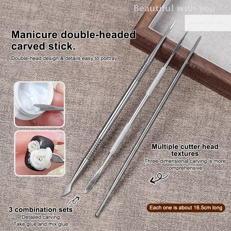New3Pcs Dual-end-Skulptur Spachtel Stift Für Nail art UV Gel Polnischen Spitze Carving Blume Malerei Stift Nagel Design werkzeug Maniküre Werkzeug