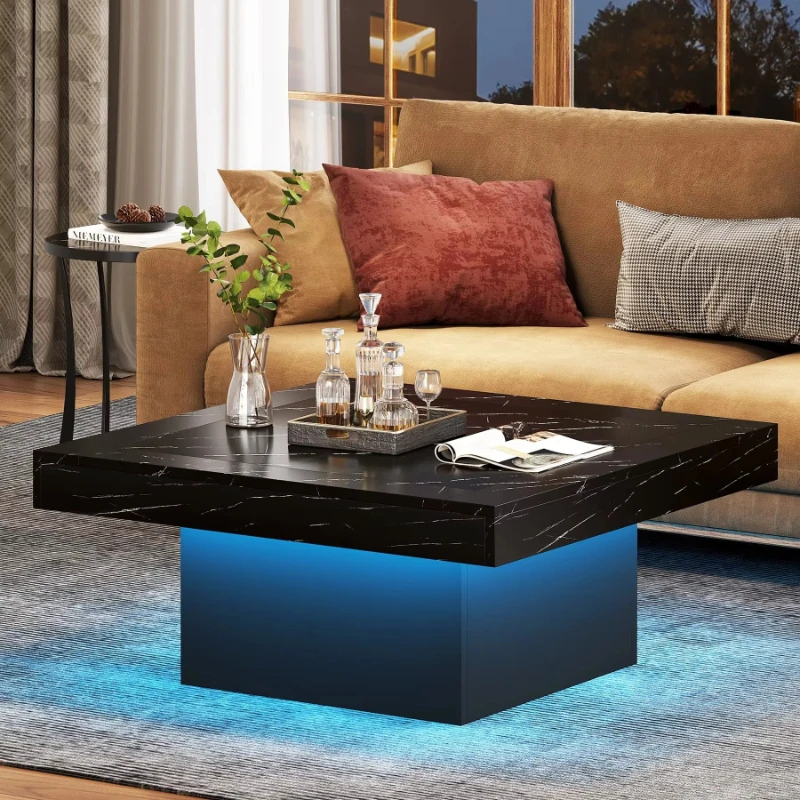 

Modern convertible square LED craft wood living room low coffee table (artificial marble black + black)