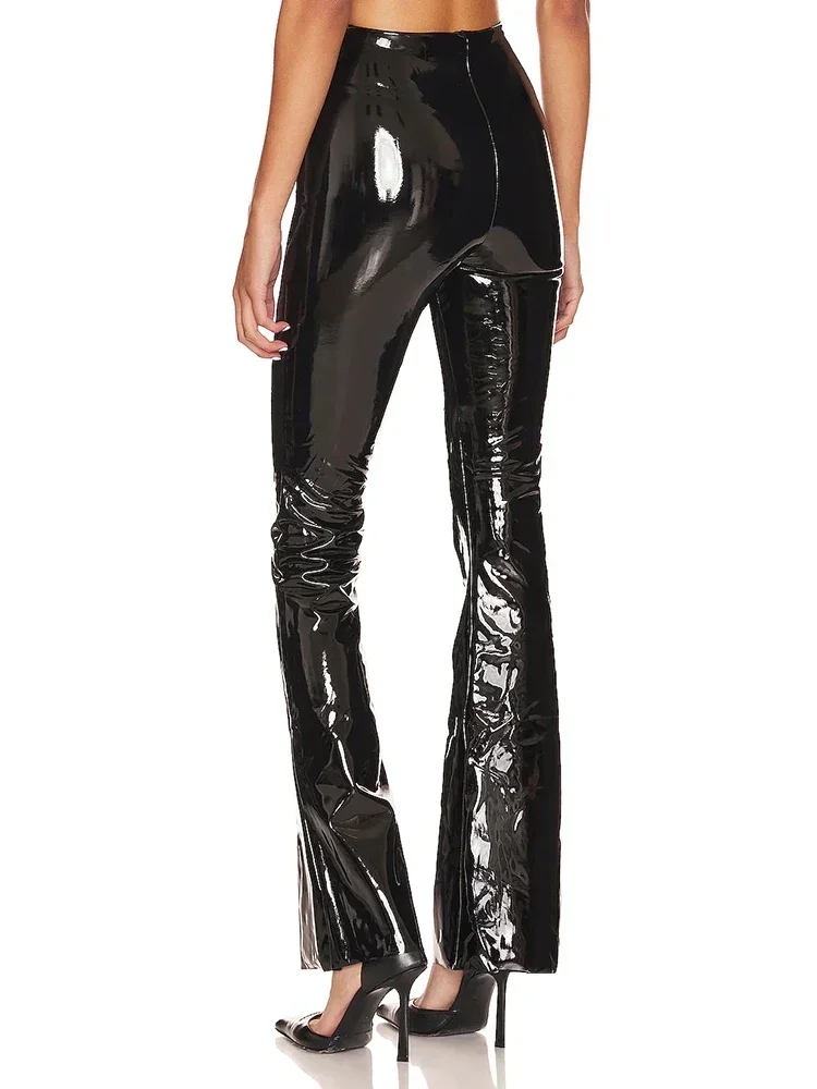 Women Faux Latex High Waist Flare Pants Vintage Shiny Patent Leather Bell-bottom Trousers Office Lady PVC Flare Leggings Custom