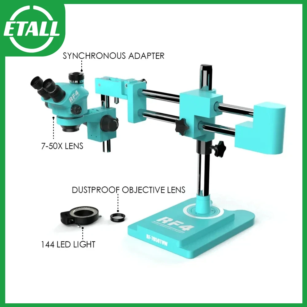 RF4 7X-50X 360° Rotation Dual Arm Bracket Boom Lndustrial Laboratory Maintenance Observation Triocular Stereo Zoom Microscope