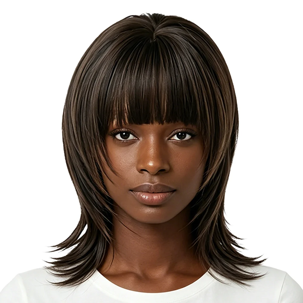 

Cool Brown Wolf Cut Mullet Wig For Black Women Mid Length Air Bangs Natural Hairline Soft Heat Resistant Synthetic Wig Daily Use