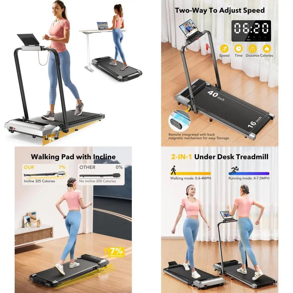 جهاز مشي مدمج قابل للطي للمنزل والمكتب، معدات تمارين مزدوجة الوظائف مع مائل، جهاز مشي مكتبي محمول مع جهاز تحكم عن بعد