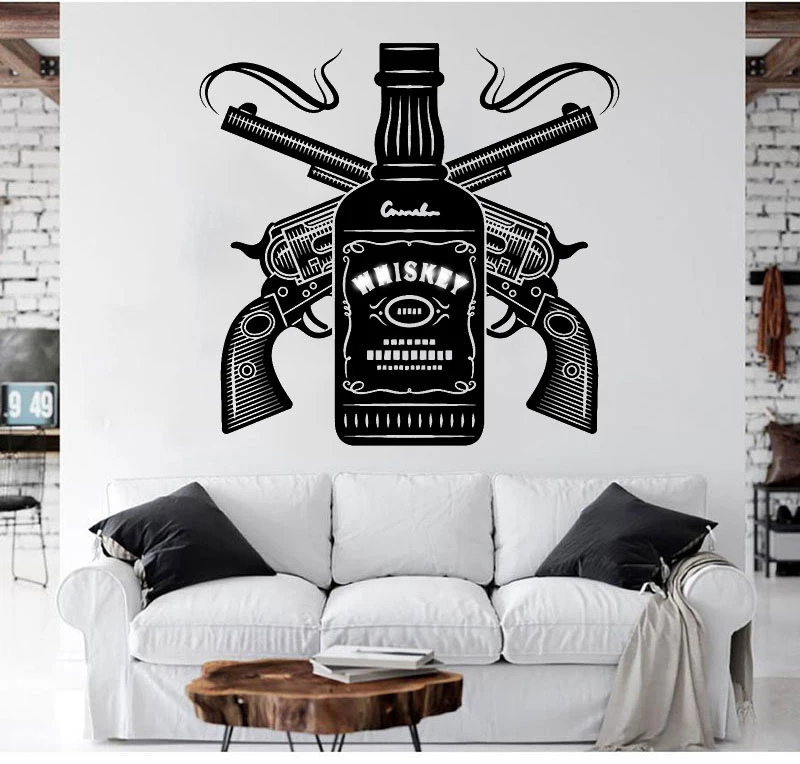 High quality vinyl wall stickers, bar decoration, wine bottle double gun decals, home and restaurant fashion art wall stickers