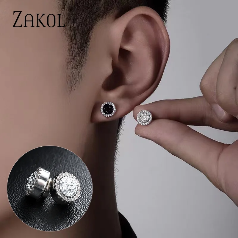 ZAKOL Romantic Classic Circle Cubic Zirconia Ear Clip Magnetic Suction Party Decoration Jewelry Luxury Earrings Unisex