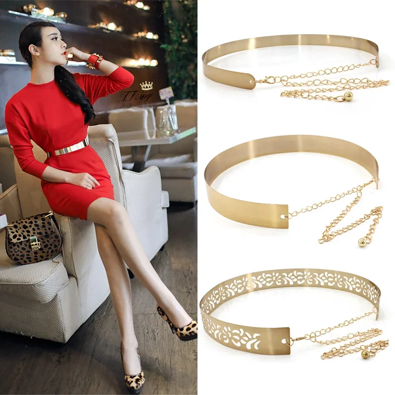 Women Fashion Adjustable Metal Belt Gold Silver Wide Bling Plate Waist Belt Mirror Waist Chain Waistband Cummerbunds