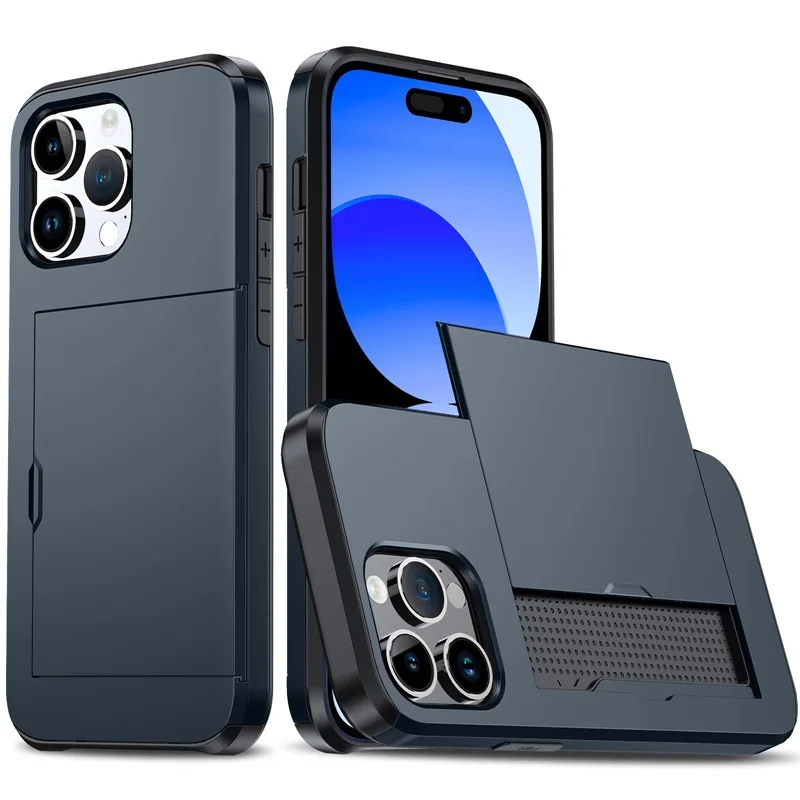 Slide Card Slot Phone Case For iPhone 15 Plus Pro Max 15+ 15Pro 15ProMax Shockproof Card Bag Back Cover Shell Capa image 5