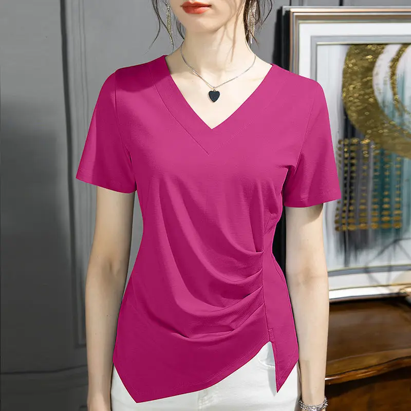 Stylish V-Neck Solid Color All-match Folds Irregular Blouse Women\'s Clothing 2023 Summer New Casual Pullovers Asymmetrical Shirt