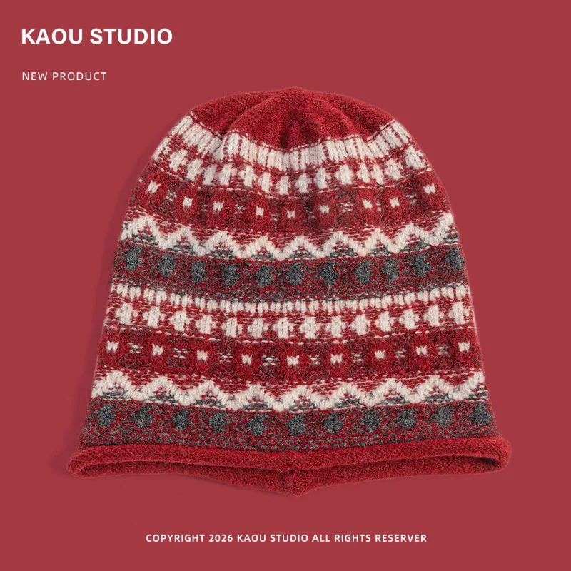 Japanische Retro-Fel-Island-Strickmütze mit gerolltem Rand für Damen, Herbst- und Winter-Outdoor-Warmmütze mit Ohrenschutz – Detail 3