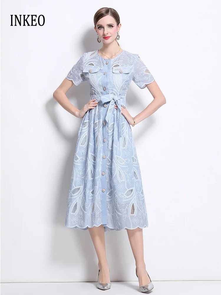 

Women's Lace embroidery short sleeve dress 2025 Summer High quality hollow out midi dresses with sashes elegant INKEO 5D115