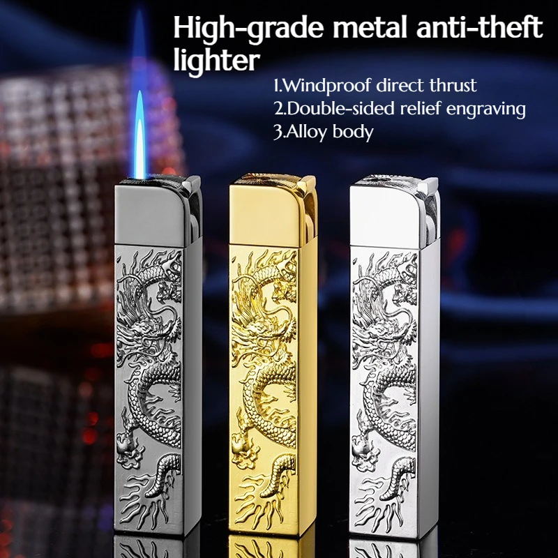

Metal Windproof Direct-impact Lighter with Double-sided Relief Engraving Small Convenient Inflatable Lighter Premium Gift