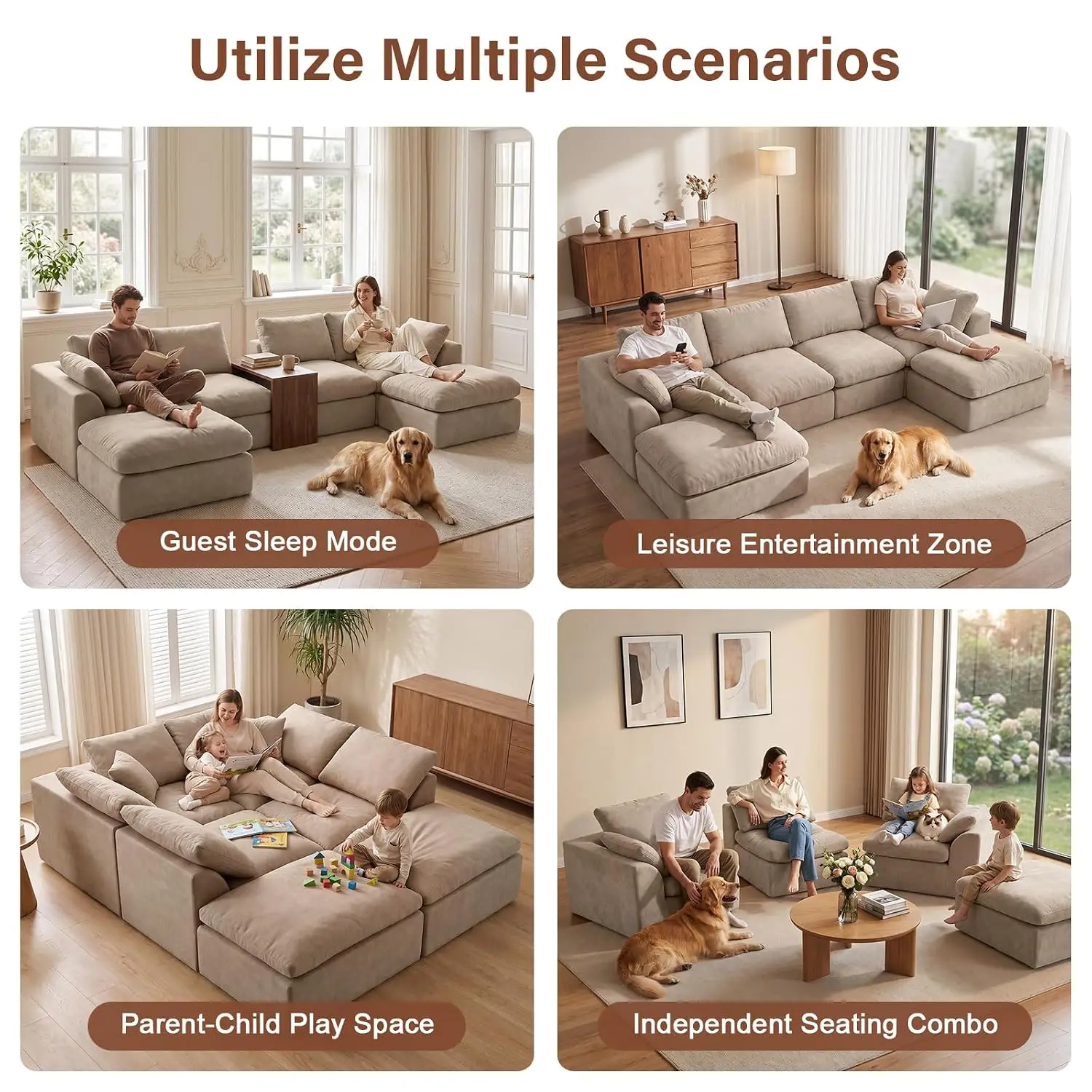 137" Cloud Couch Sectional Sofa for Living Room, Oversized Boneless Modular U Shaped Couch with Ottoman, Comfy Chenille Deep Sea