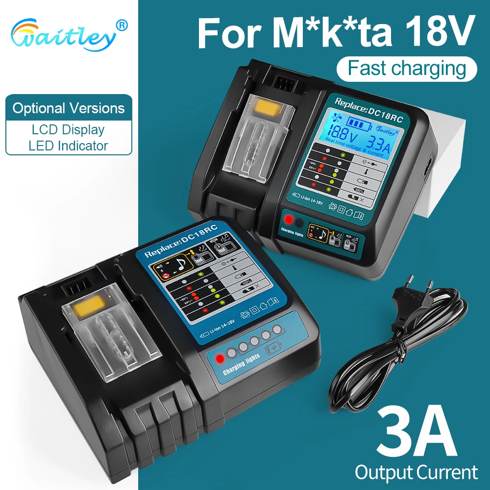 

Зарядное устройство Waitley DC18RC для аккумуляторов Makita 14.4V 18V, умное быстрое зарядное устройство с дисплеем и вентилятором охлаждения