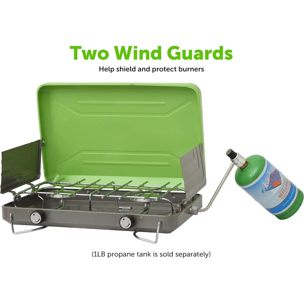 Dual Burner Portable Camping Stove Grill for Outdoor Cooking Backpacking Fits 1LB Propane Bottle