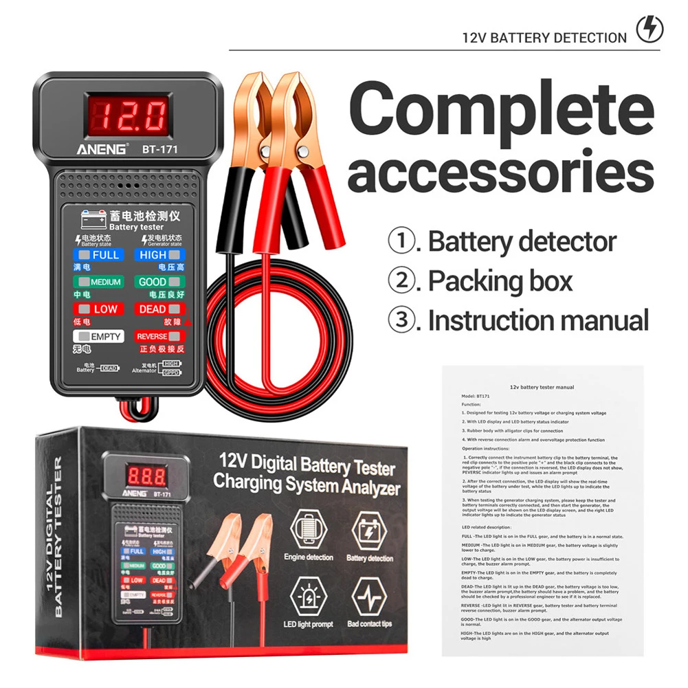 Car Battery Tester 12V Cranking Charging Circut Tester Battery Analyzer Tool BT-171 Battery Tester Monitor LED Display