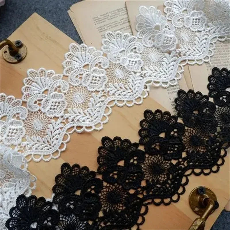 8CM Wide Exquisite White Black Cotton Embroidered Fringe Ribbon 3d Flowers Lace Trim Curtains Dress DIY Home Sewing Supplies