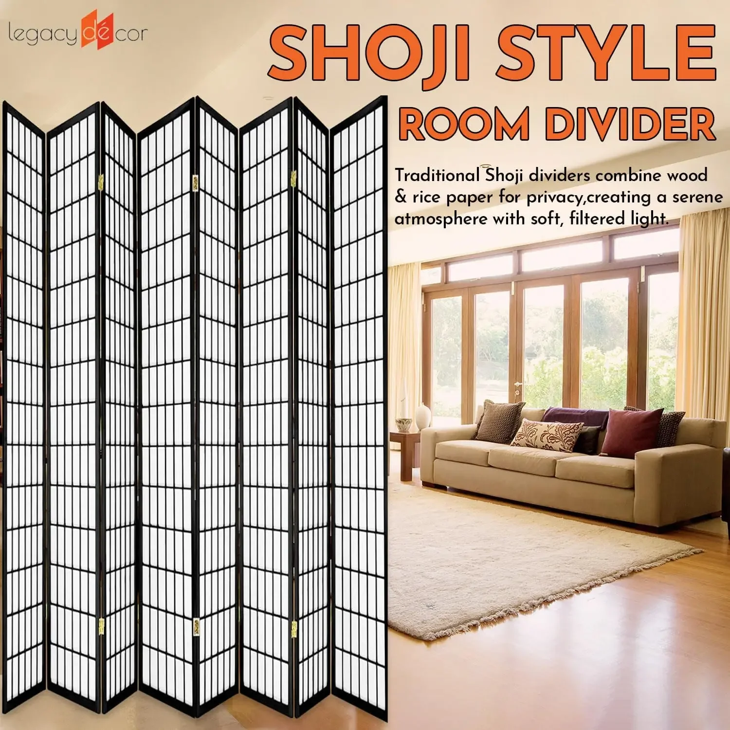8-Panel Japanese Shoji Room Divider Black 140 in W x 71 in H | Real Wood Grid, Translucent Privacy Panels, Folding Screen, Japan