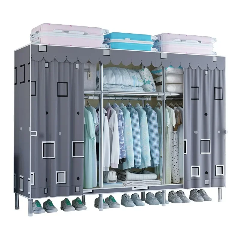 

195cm Long Sturdy Cloth Wardrobe Assembled Portable Clothes Storage Cabinet Steel Pipe Closet