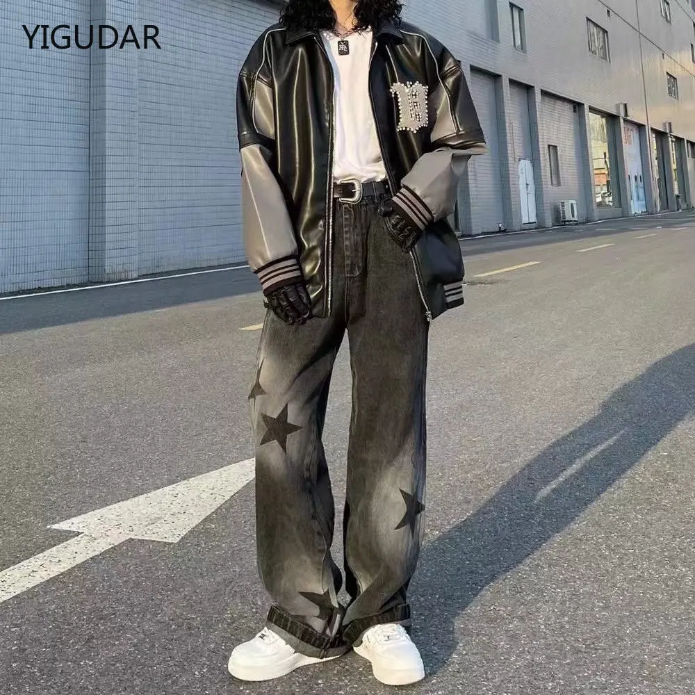 

Star Printed Jeans Men Loose Casual Black Denim Trousers Spring Autumn Male Clothes High Street Straight Hip-Hop Wide Leg Pants