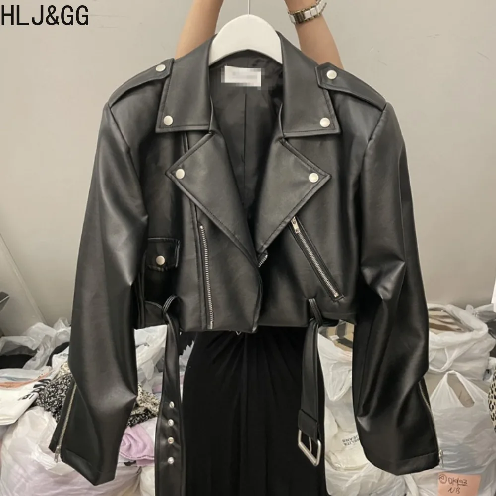 HLJ & GG سترة جلدية ربيعية للنساء مع طية صدر السترة وأكمام طويلة وسحاب معاطف قصيرة فضفاضة موضة ملابس نسائية متينة ملابس الشارع الشهير 2026