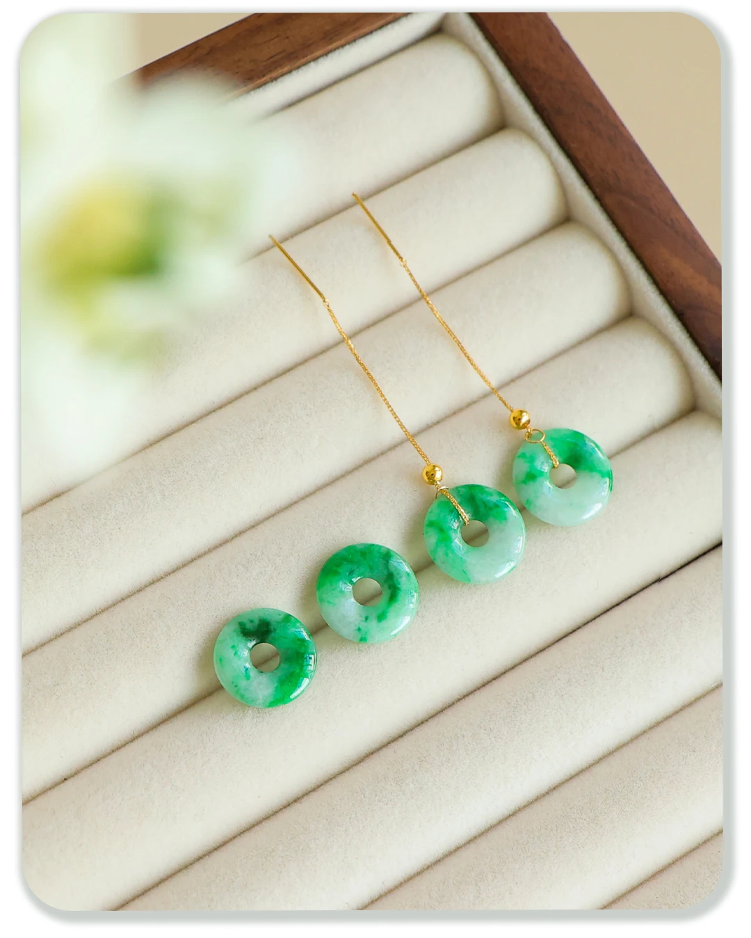 18K Gold AAA Natural Jadeite Earrings, Classical Floating Flower Vivid Green Peace Knot Long Ear Drops, Chinese Style