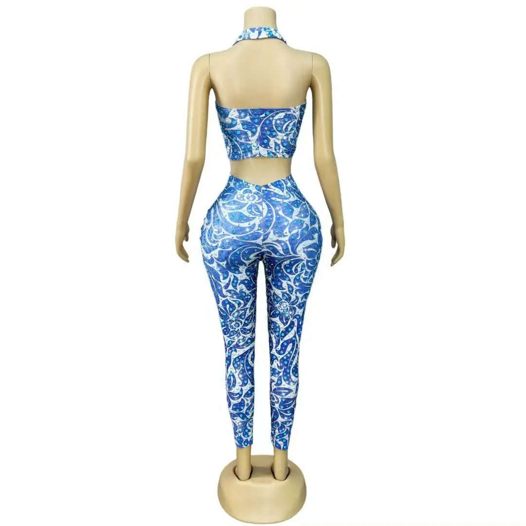 Sexy Shining Rhinestones Pearls Backless Jacket Pants Set Women Party Dance Nightclub Stage Performance Photoshoot Costume