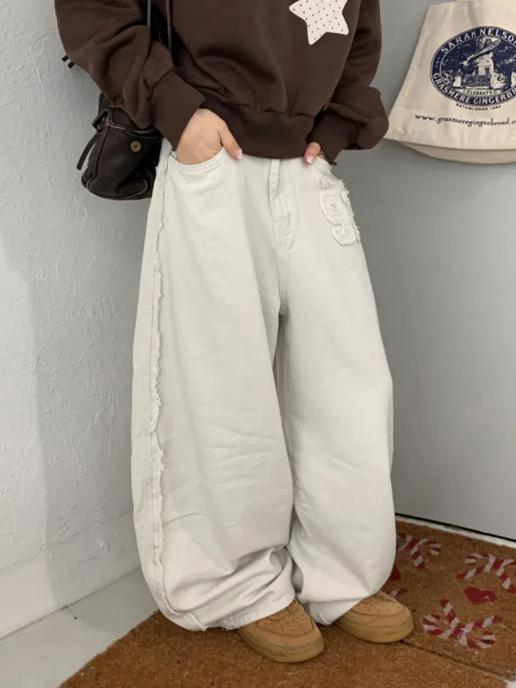 

High Waist Wide Leg Denim Pants Women's Embroidered Frayed Design Loose Casual Long Trousers Sli Agel Commute Sle