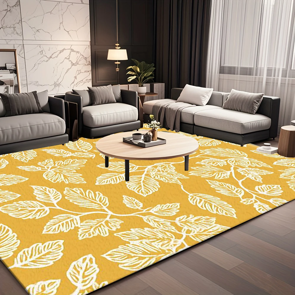 Golden Yellow White Leaf Pattern Area Rug Vintage Botanical Print Floor Carpet For Living Room Bedroom Home Decor