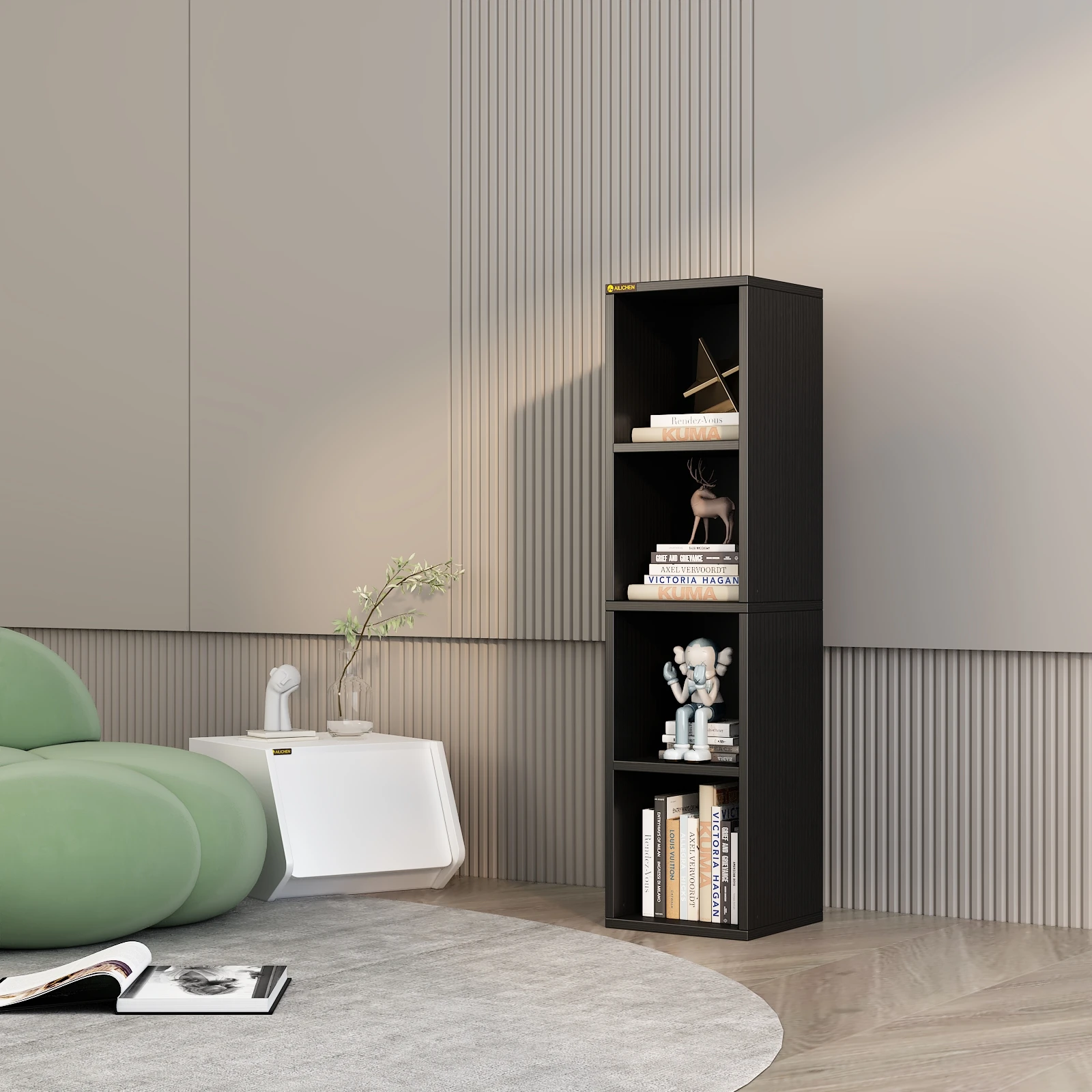 

45.8" Narrow Bookshelf, 4 Shelf Small Wooden Corner Bookcase, Modern Thin Cubes Storage Organizer Display Shelving