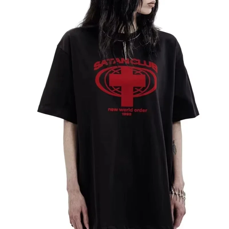 

2025 New Harajuku Streetwear Women Clothing Satan Club Graphic Print Tshirt Cotton Hip Hop Aesthetic Short Sleeve Tops Goth Y2k