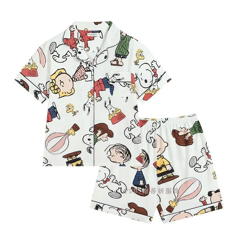 Anime Cartoon Peanuts Snoopy Couple Men Women Pajama Set Print White Lapel T-Shirt Shorts Soft Cotton Loungewear Sleepwear Gift