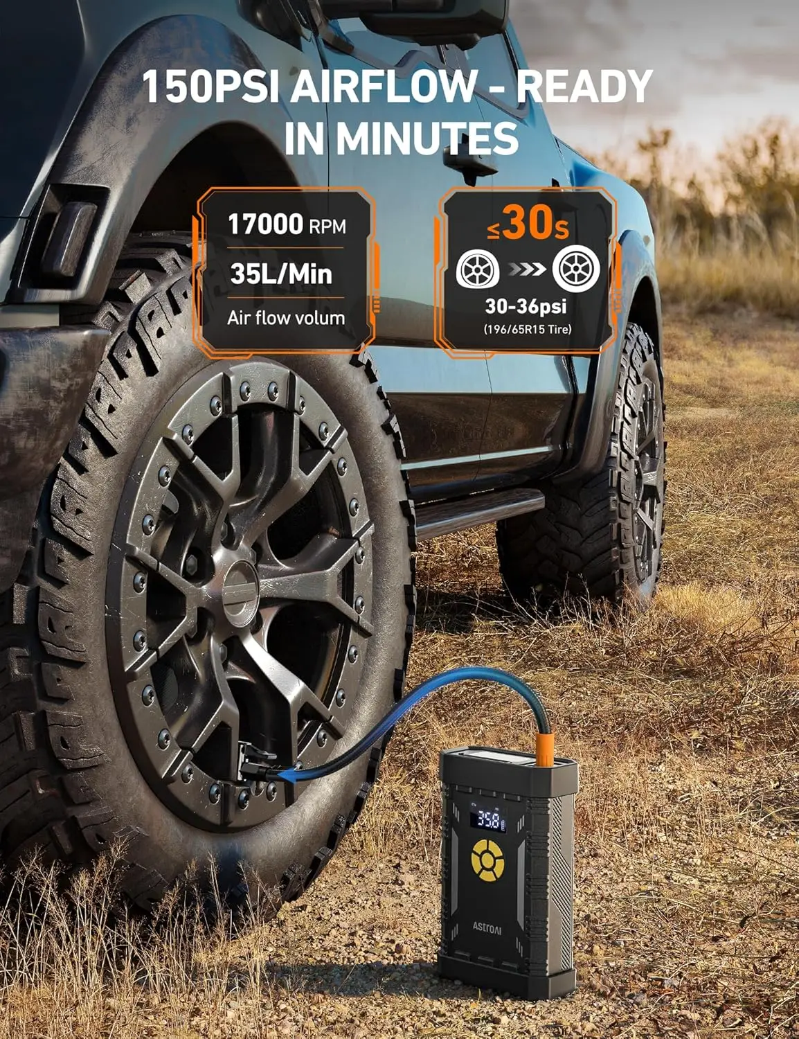 A30 Jump Starter مع ضاغط هواء، 4000 أمبير، 150 رطل لكل بوصة مربعة، شاحن 12 فولت، شحن سريع، منفاخ إطارات، أصفر #3