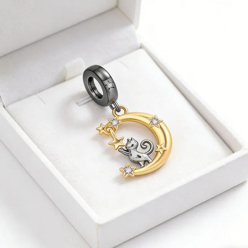 

New 925 Sterling Silver Moonlit Cat Charms Pendant Fit 3mm Original Bracelet DIY Women Exquisite Birthday Party Jewelry Gifts