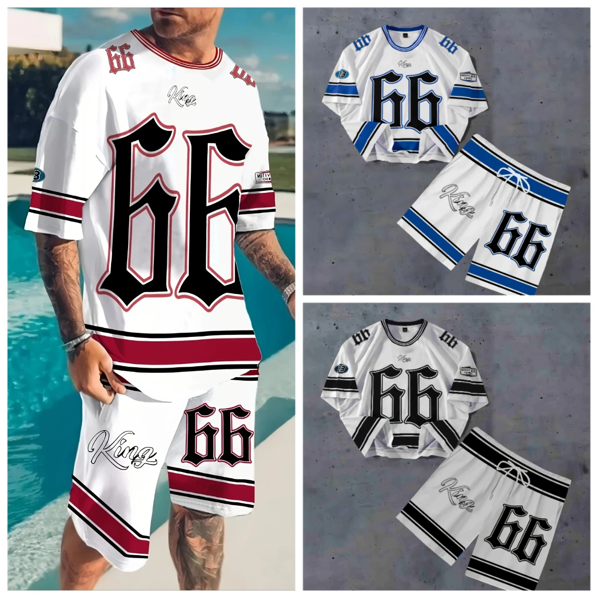 

Adult Men's T-shirt Shorts Set Striped Panel Digital Printing Short Sleeve T-shirt Quick Drying Men's T-shirt Shorts 1 Set of 2