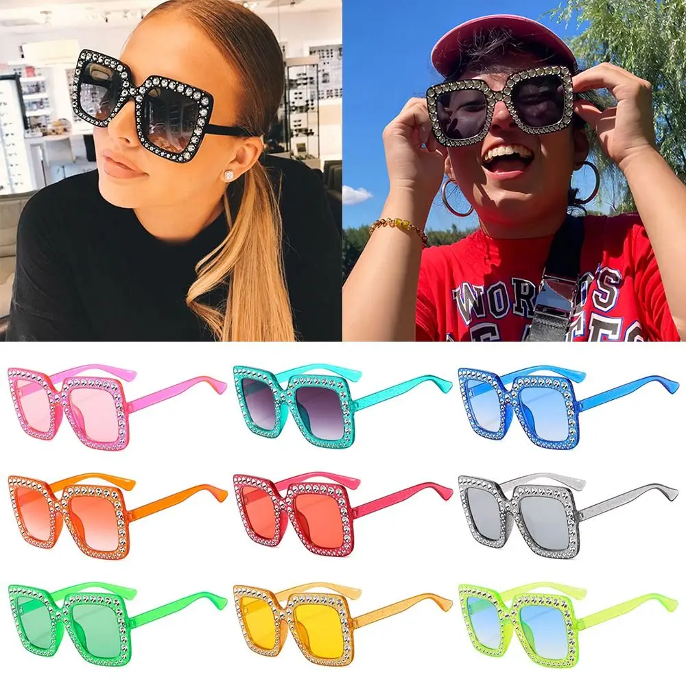 

Cool Square Crystal Oversized Sunglasses Big Frame Sparkling Shades UV400 Protection Eyewear Women