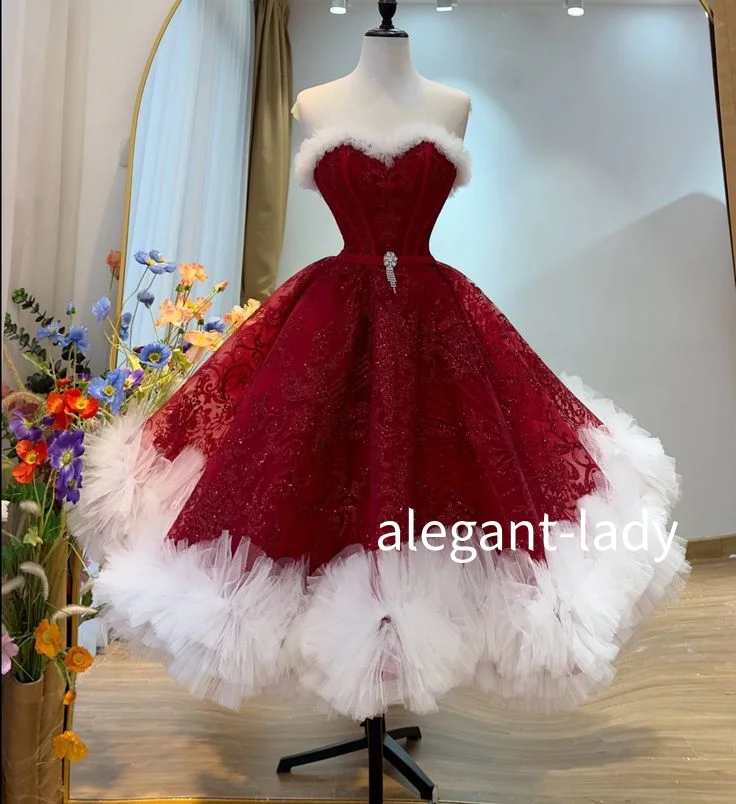 Czerwona suknia balowa bez ramiączek z koronkowym gorsetem, tiulową, bufiastą spódnicą, suknia wieczorowa, suknia ślubna, suknia zaręczynowa