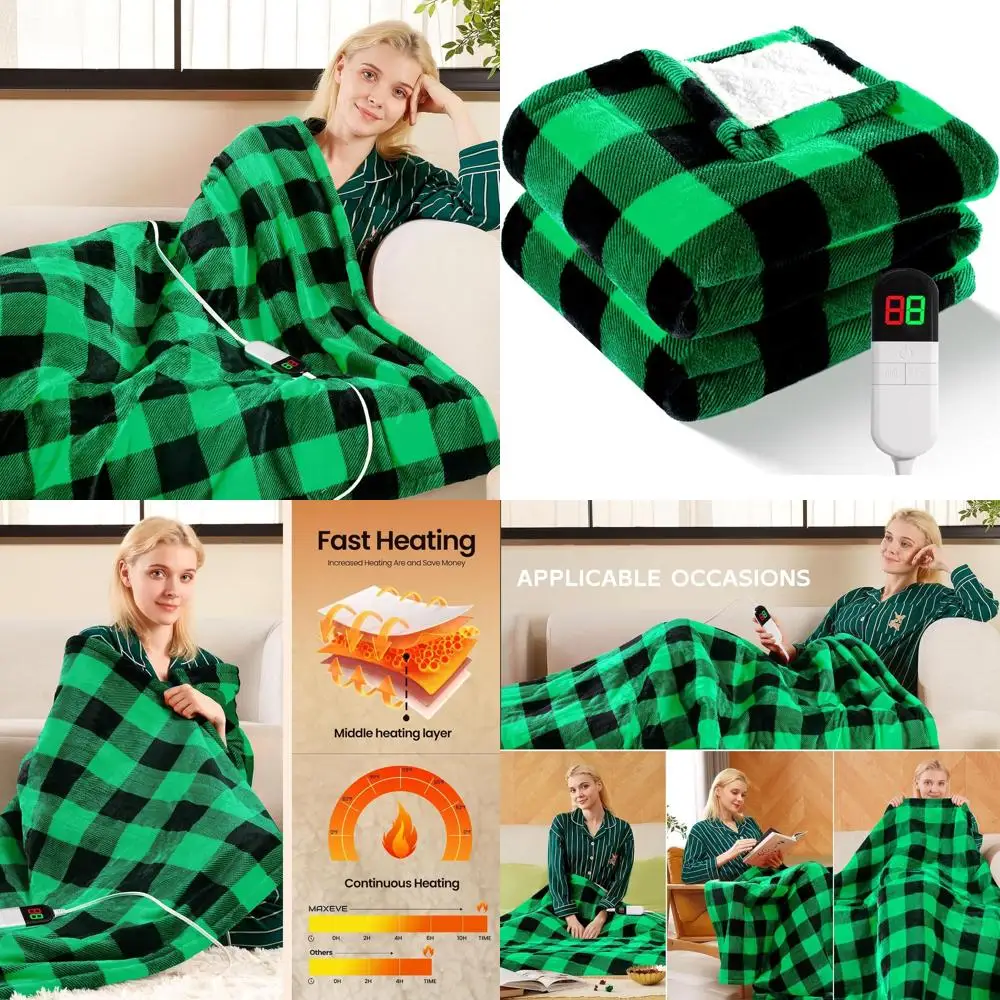 

Терморегулируемое одеяло 62x84 дюймов, шерпа, узор «Буффало», рождественское, для односпальной кровати, 8 режимов нагрева, автоматическое отключение, моющееся, защита от перегрева, сертификат ET