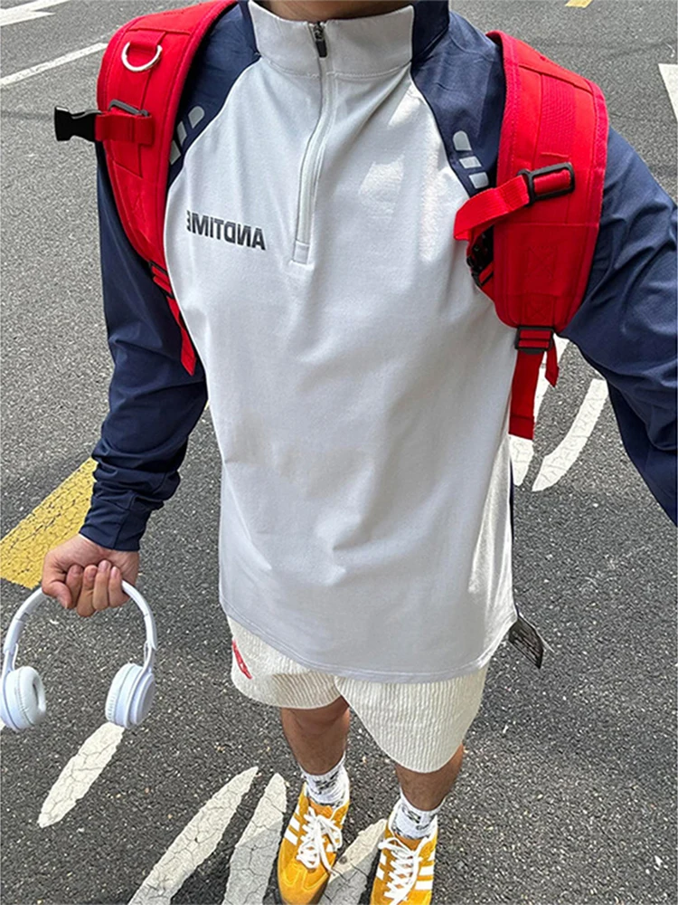 

Мужская спортивная футболка-худи с длинным рукавом, быстросохнущая, для весны и осени, с цветными вставками на плечах, в американском стиле, с молнией, для тренировок на открытом воздухе...
