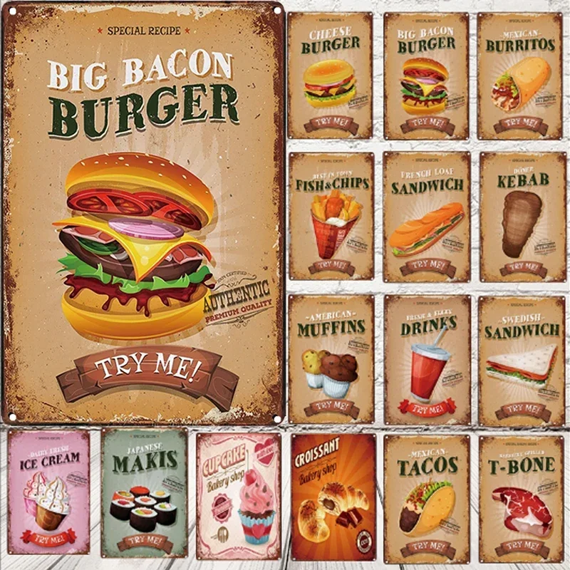 Fast-Food-Menü Metall Zinn Zeichen Sandwich Eis Burger Restaurant Poster Home Küche Eisenplatte Wandbild Cafe Wand dekor Plakette