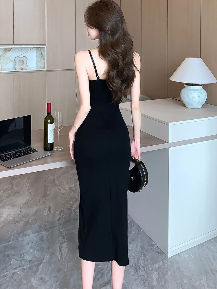 Women Black Elegant Diamonds Square Collar Sling Long Dress 2026 Korean Vintage Luxury Evening Dress Summer Bodycon Party Dress